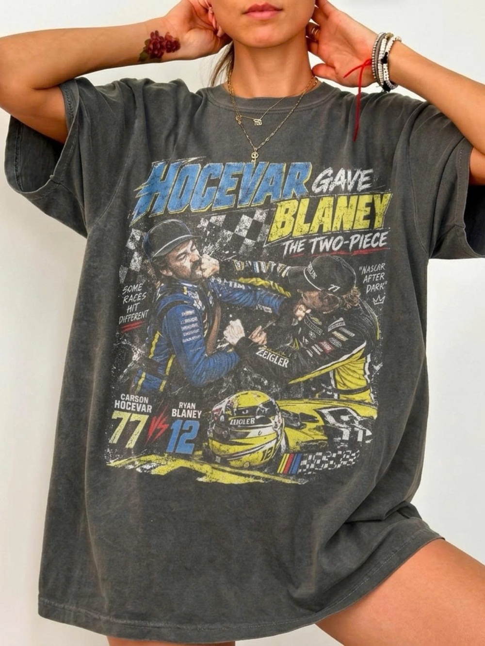Vintage Racing Graphic Tee - Gray with Blue & Yellow Print